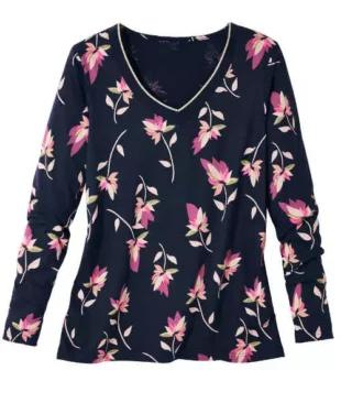 Tričko s dlhým rukávom s kvetinovou potlačou v módnych farbách
