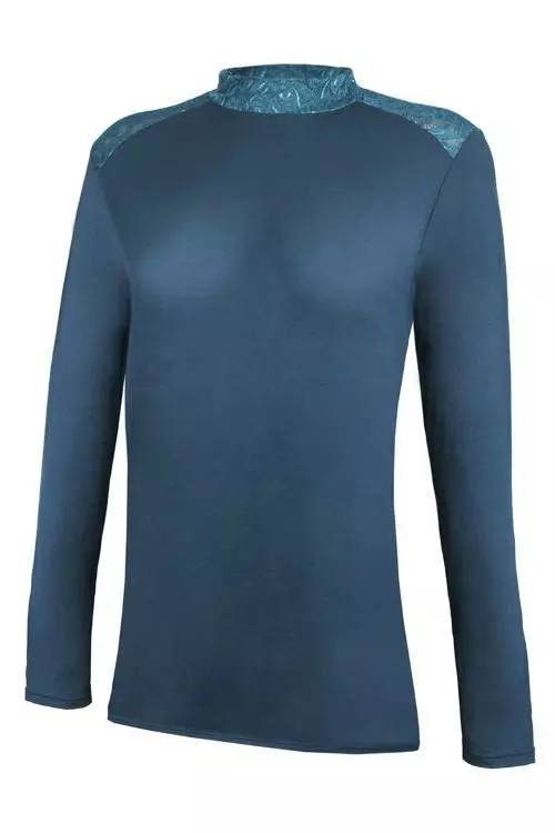 Modrá čipkovaná košeľa so stojatým golierom