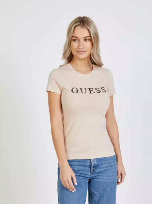 Béžové tričko s krátkym rukávom a výraznou potlačou Guess