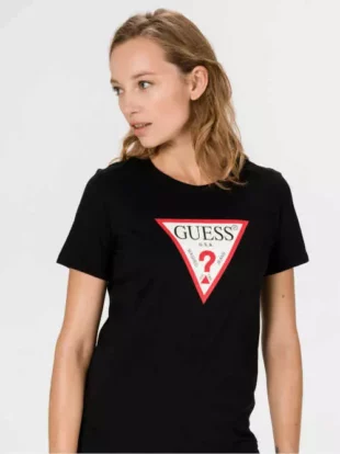 Čierne dámske bavlnené tričko s potlačou od značky Guess