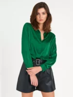 Moderná zelená saténová jednofarebná košeľová blúzka s dlhými rukávmi