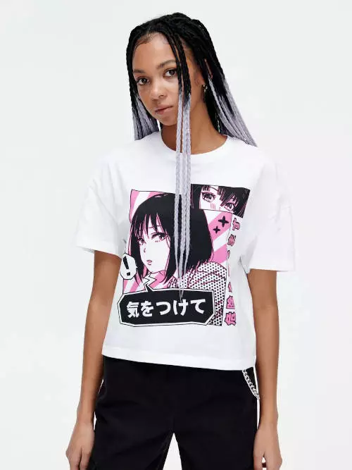 Bavlnené tričko pre mladých s krátkym rukávom a modernou anime potlačou