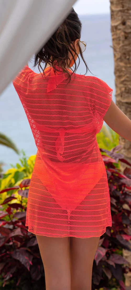 Oranžové plážové šaty zo sieťoviny s krátkymi rukávmi